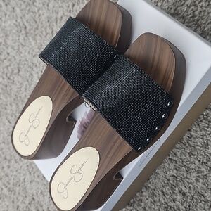 Jessica Simpson Rexile Black Silver Stud Women's Wooden Sandals Platform 7.5 NIB